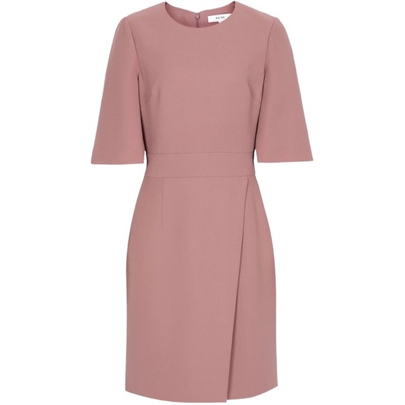 REISS Myra Cross Wrap Front Quarter Sleeve Jewel Neck Woven Dress, Pink, Size 8 - Picture 3 of 5
